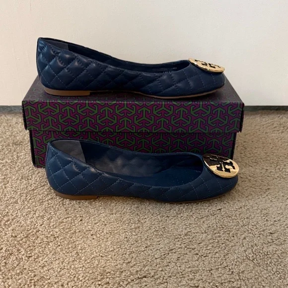 Tory Burch Dark Blue Quilted Flats with Gold Emblem - Picture 2 of 8